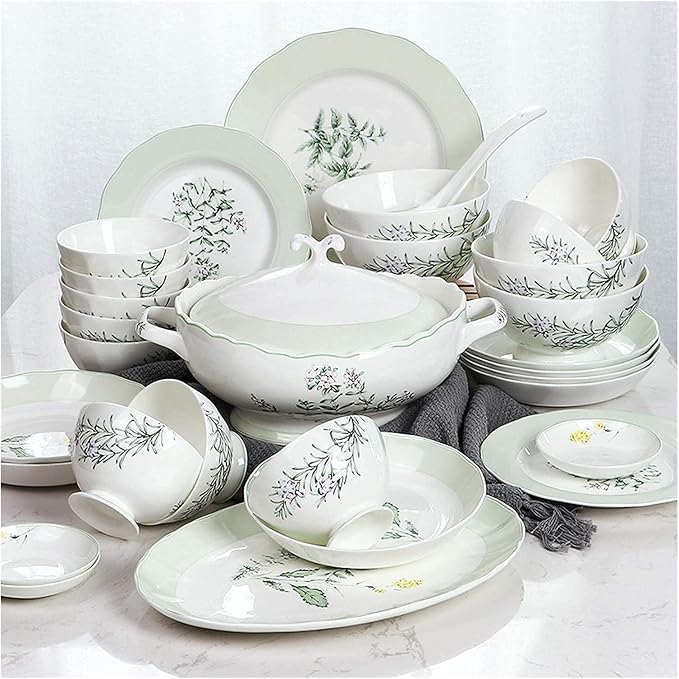 Ceramic 30 Pieces Of Household Porcelain Dinnerware Set Creative Lotus Shaped Plates And Bowls Sets Elegant Pastoral Style Dishes Set Service For 6 Ceramic Dinner