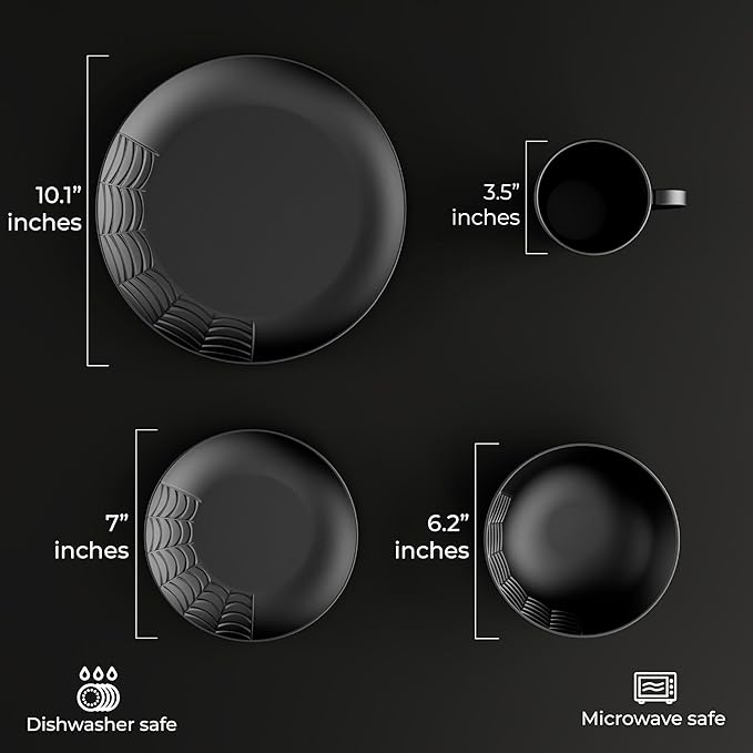Spiderweb Dinnerware Set of 16 + Butter Dish Set - Gothic Kitchen Decor - Black Matte Porcelain with: 4 Dinner Plates 4 Salad Plates 4 Bowls 4 Mugs 1 Butter dish with Lid - Halloween Gifts