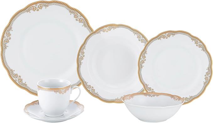 Lorren Home Trends Catherine 24 Piece Porcelain Dinnerware Set Gold