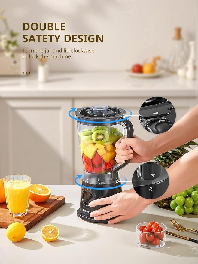 Reemix Blender 50oz Countertop Blender - 2 Adjustable Speeds + Pulse Dual Safety Locks Dishwasher-Safe Pitcher for Smoothies Crushing Ice &amp Family Meals
