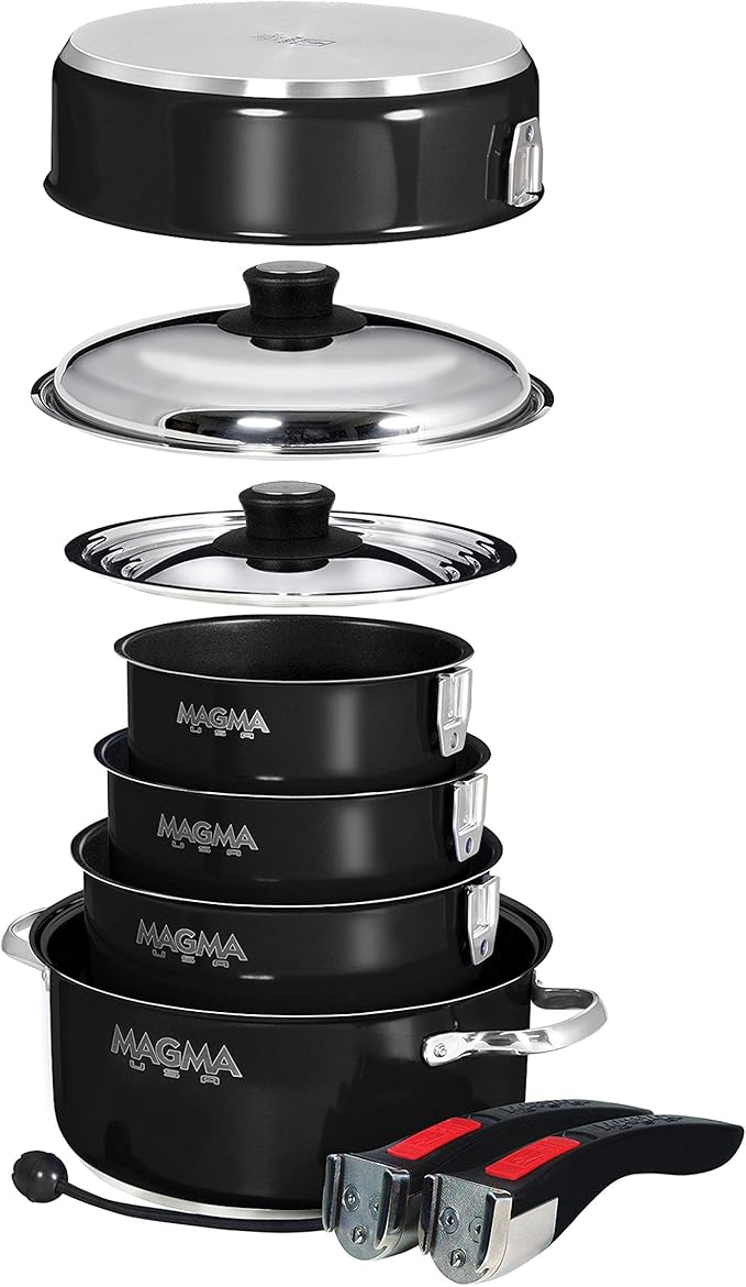 Magma 10 Piece Gourmet Nesting Stainless Steel Cookware Set with Ceramica Non-Stick Induction Compatible Oven Safe to 500°F - Suitable for All Stovetops Removable Handles Jet Black