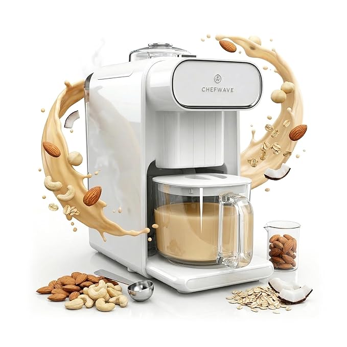 ChefWave Milkmade Soy Milk Maker – 6-in-1 Plant-Based Milk Machine for Almond Oat Soy Cashew Coconut &amp Macadamia – No Soaking Auto-Clean Delay Start Glass Pitcher – White