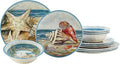 Seacoast Melamine 12 Piece Dinnerware Set – Coastal Beach-Themed Plates and Bowls Service for 4 with Shell and Ocean Art Break-Resistant BPA-Free Reusable Dinnerware Dishwasher Safe Indoor/Outdoor