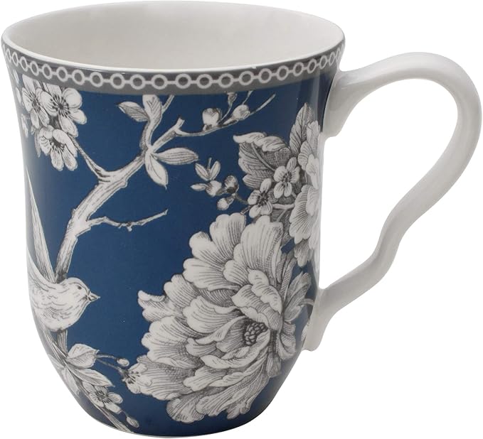 222 Fifth Adelaide 16-Piece Dark Blue Porcelain Dinnerware Set – Service for 4 Plate Bowl &amp Mug Set Bird &amp Floral Design Everyday Big Dinner Plates and Bowls Sets Microwave &amp Dishwash