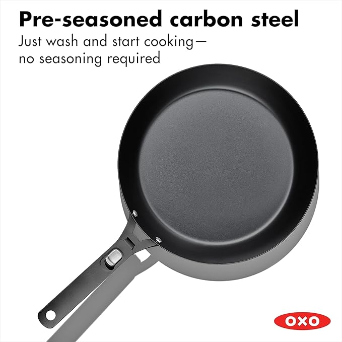 OXO Outdoor Pre-Seasoned Carbon Steel 12 Frying Pan Skillet Detachable Handle for Easy Storage Indoor Use Nonstick with Use Induction SuitableOven &amp Broiler SafeBrowning GrillSearSauteB