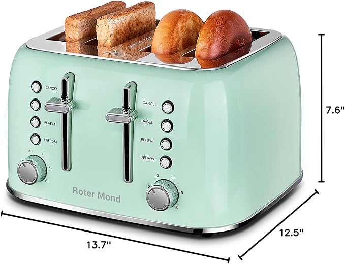 Roter Mond Toaster 4 Slice Retro Stainless Steel with Extra Wide Slots Bagel Defrost Reheat Function Dual Independent Control Panel Removable Crumb Tray 6 Browning Levels Aqua Green