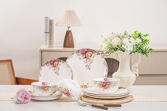 Dinnerware Sets Plates Set with Bowls Artistic 12-Piece Ceramic Dinnerware for Home Restaurant Chip and Scratch Resistant Microwave and Dishwasher Safe Rose Collection
