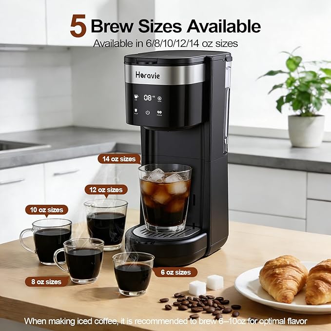 All-in-1 Single Serve Coffee Maker Fit 7.8 Travel Mug Hot &amp Iced K Cup Coffee Machine with 5 Brew Sizes One Cup Coffee Maker with Descaling and Low Water Alert 30oz Removable Reservoir Black