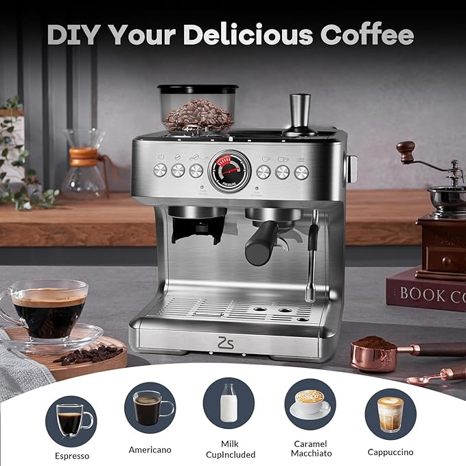Espresso Maker 20 Bar Coffee Espresso Machine Maquina De Cafe Expresso 30 Grind Settings 2.8L Removable Water Tank With Milk Frother and Steam Wand Barista Home Cappuccino and Latte Machine