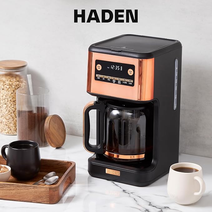 HADEN Generous Brew 14 Cup Coffee Maker with 120 Minute Keep Warm Delay Brew Adjustable Strength Programmable Clock and Anti Drip Black/Copper
