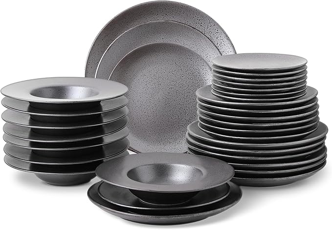 Stone Lain Valencia Porcelain 32-Piece Round Dinnerware Set Plates and Bowls Set Dish Set for 8 Metallic Grey