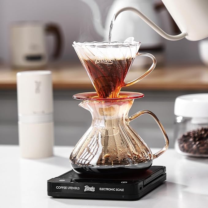 Bincoo Pour Over Coffee Maker Set650ML Borosilicate Glass Carafe with Coffee Driper&amp50pcs Paper FilterGlass Coffee Maker for Home Café Restaurant(Champagne)