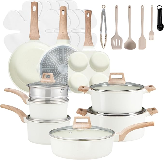NEWBULIG Nonstick Cookware Set Granite Pots and Pans with Lids Induction Non Stick Cooking Set w/Frying Pans &amp Saucepans 25-Piece/Set Beige