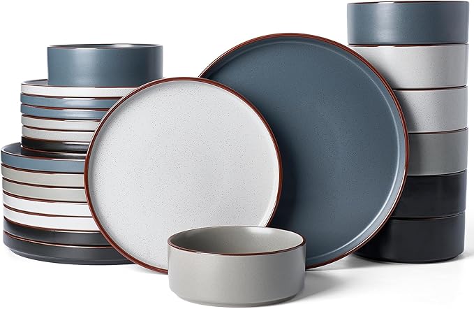 Famiware Nebula Ridge Stoneware Dinnerware Sets for 8 24 Pieces Plates and Bowls Sets Dishes Set Microwave and Dishwasher Safe Kitchen Plates Multi-color