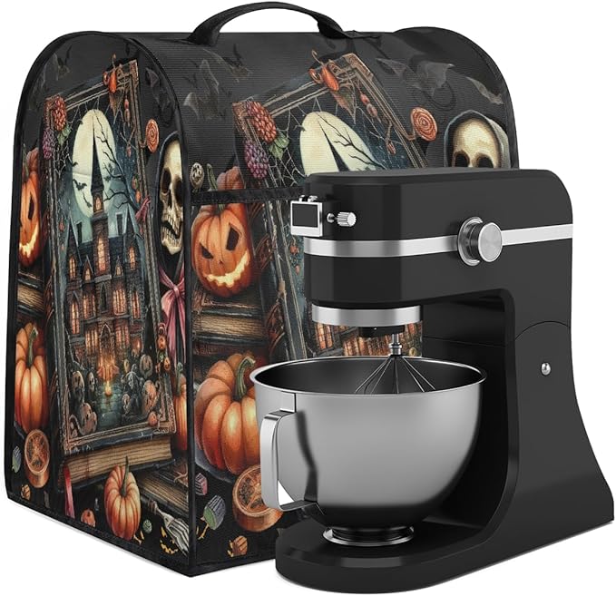 cfpolar Kitchen Aid Mixer Cover Compatible with 6-8 Quarts Halloween Skull Pumpkins Stand Mixer Cover Kitchen Aid Mixers Accessories Appliance Organizer Bag Dust Covers with Zipper Pocket