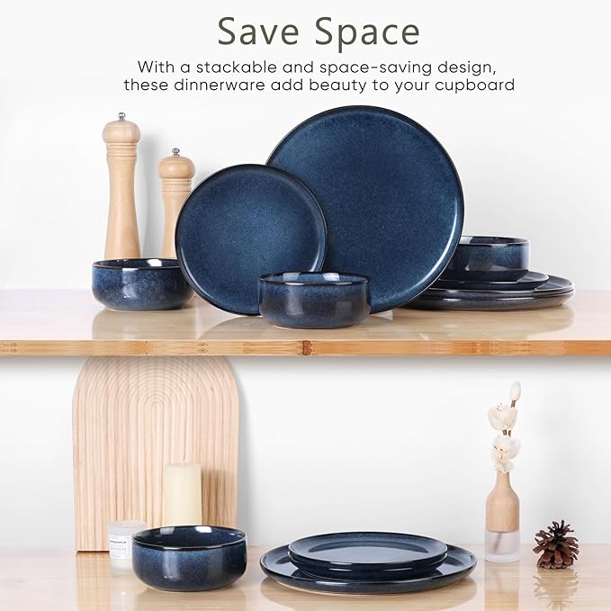 Herogo 12 Pieces Stoneware Dinnerware Set with 6-Piece 10.43 Dinner Plate Set Starry Blue