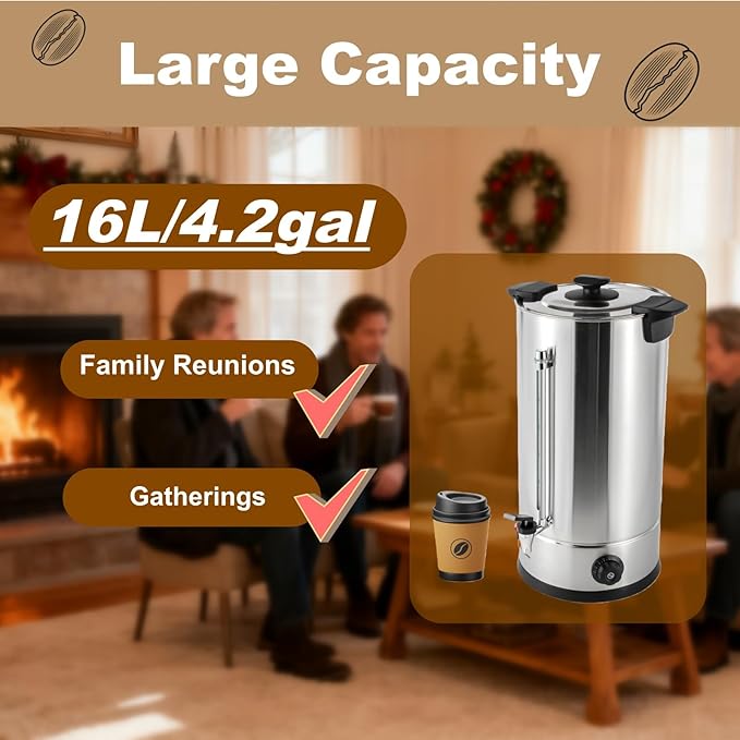 16L Coffee Maker Stainless Steel 100-Cup Large Commercial Coffee Machine Quick Brew 30-100℃ Double Wall Cafe Percolator Hot Water Urn for Catering Offices Church