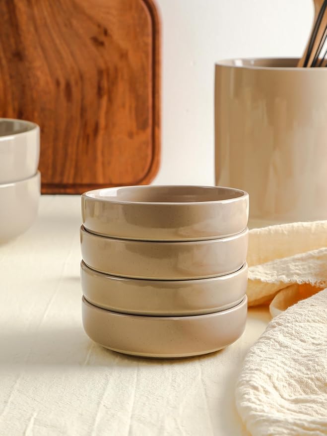 Famiware Nebula Plates and Bowls Set of 12 and Milkyway 4oz Dipping Bowls Set of 6 18 Pieces Dinnerware Sets Cinnamon Brown