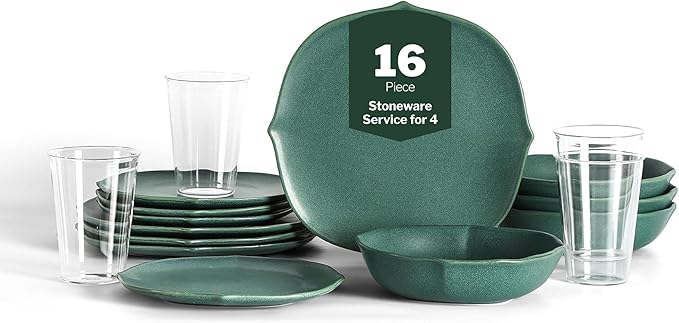 Stone Lain Baskerville 16-Piece Dinnerware Set Stoneware Borosilicate Glass Green