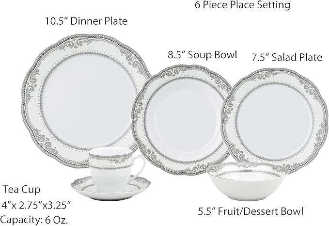 Lorren Home Trends Victoria-24 24 Piece Victoria Design Porcelain Wavy Edge Dinnerware Set White