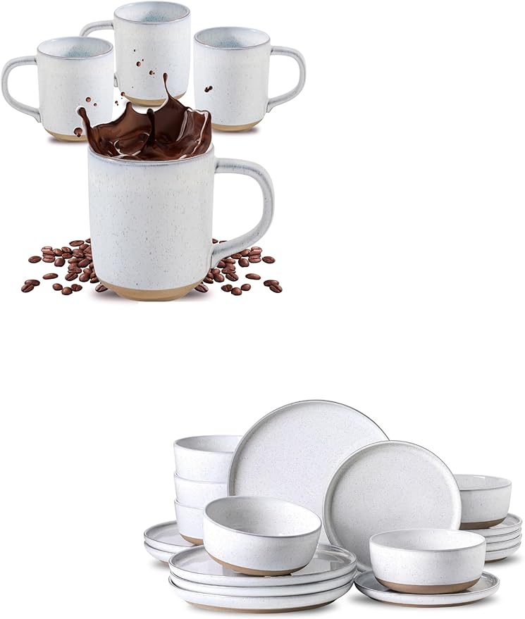 Hasense 22 pieces dinnerware set with plates bowls and mugs set for home and kitchen white stoneware dish set