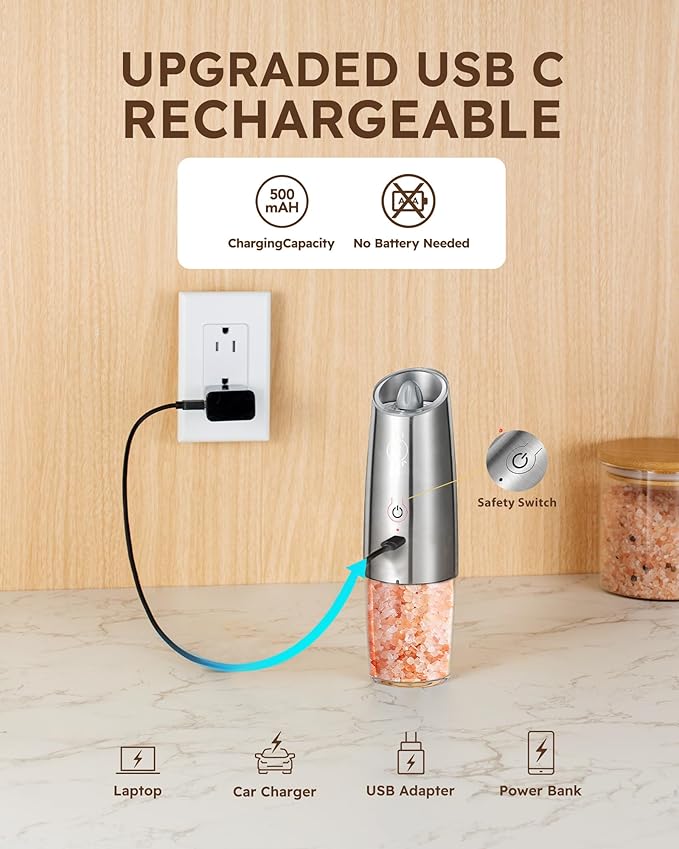 Bundled Sangcon Gravity Electric Salt and Pepper Grinder Set RECHARGEABLE Automatic Salt Pepper Shakers USB-C No Battery Needed