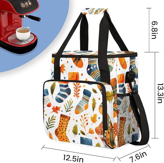 Christmas Socks Coffee Maker Carrying Bag Portable Travel Storage Tote Bag Compatible with K-Mini or K-Mini Plus Single Serve Coffee Brewer Carrying Case with Multiple Pockets &amp Shoulder Strap