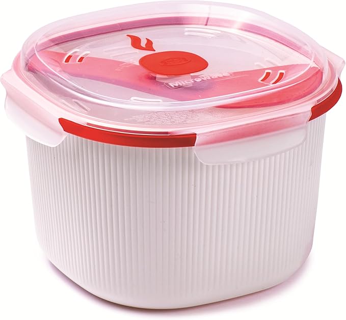 Snips - Microwave Rice Cooker - For Rice Grains and Vegetables - Microwave rice steamer 2.70 litres - 20.5 x 20.5 x 14.5 cm - Rice Cooker Microwave White and red - 100% Made in Italy