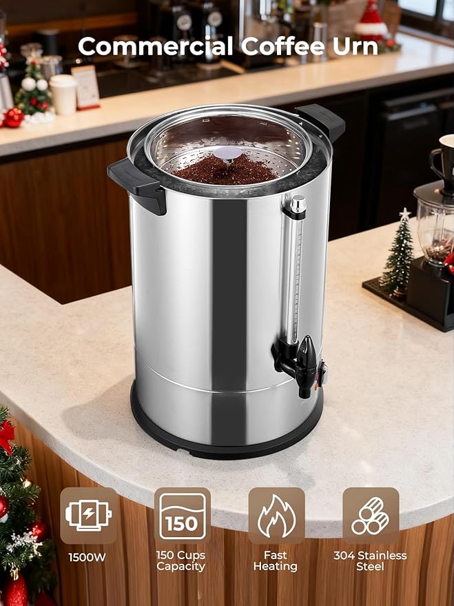 FOHERE Coffee Maker 150 Cups Commercial Coffee Urn 15 L/3.96 Gal Electric Hot Beverage Dispenser with Dripless Faucet 1500W Power Quick Brew Stays Hot for Coffee &amp Beverage Catering Party