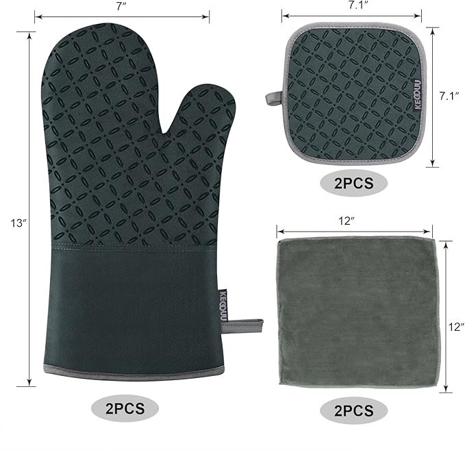 KEGOUU Oven Mitts and Pot Holders 6pcs Set Kitchen Oven Glove High Heat Resistant 500 Degree Extra Long Oven Mitts and Potholder with Non-Slip Silicone Surface for Cooking (Deep Green)
