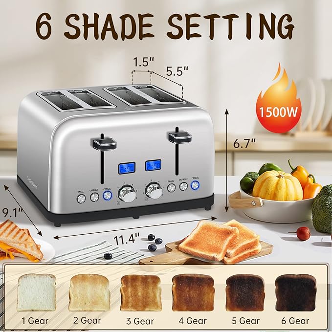 SEEDEEM Toaster 4 Slice LCD Display 6 Shade Settings 1.5'' Wide Slots Digital Stainless Toaster for Bagel Defrost Reheat Dual Control Removable Crumb Tray 1500W Silver Metallic