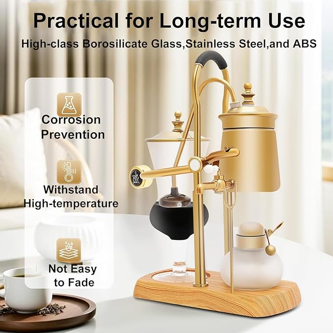 Belgium Luxury Royal Family Balance Syphon Siphon Coffee Maker with Tee Handle Elegant Retro-Style Design Vacuum Brewing Coffee Machine for Coffee Aficionados Coffee/Tea Dual-Use