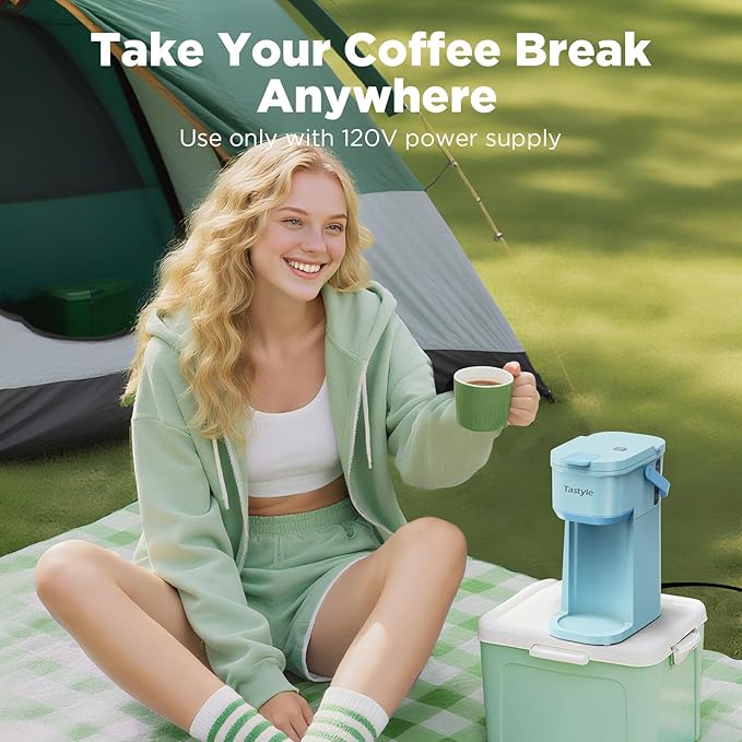 Single Serve One Cup Coffee Maker for K Cups and Grounds Mini Coffee Maker with Portable Handle 6 to 12 Oz Brew Size for Travel Camping Office RV and Dorm 120V Aqua