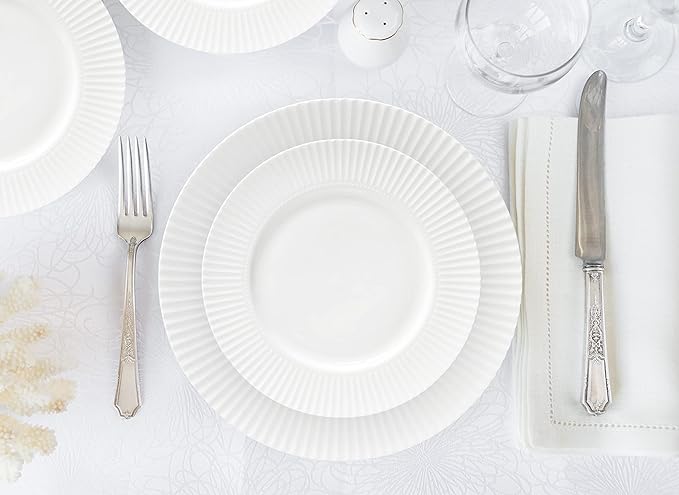 Dinnerware 16 Piece Set Bone China Service for 4 White Embossed stripe Dishes Microwave Safe Chip Resistant Dishware For Formal Casual and Everyday Living Plates and Bowls Set
