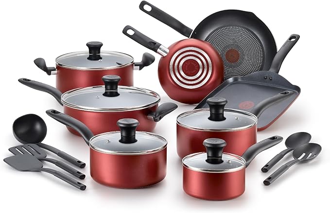 T-fal Initiatives Nonstick Cookware Set 18 Piece Oven Broiler Safe 350F Kitchen Cooking Set w/Fry Pans Saucepans Saute Pan Dutch Oven Griddle Pots and Pans Home Dishwasher Safe Red