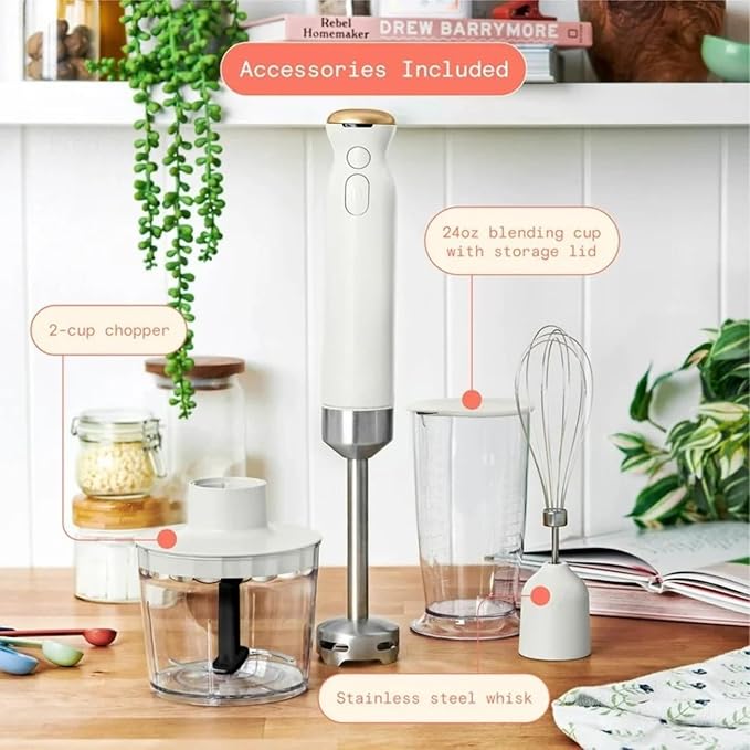 Cordless Hand Blender with 2-Cup Chopper Whisk &amp Large Measuring Cup Perfect for Cooking Smoothies Sauces Purees and Meal Prep (White Icing)