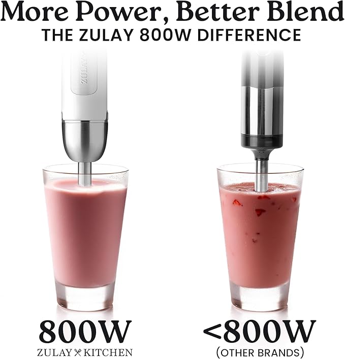 Zulay Immersion Stick Mixer Hand Blender - 800 Watts Turbo Mode 5-ft Power Electric Cord Handheld Portable Stainless Steel Blades - For Effortless Blending Smoothie Soup Baby Food Puree - White