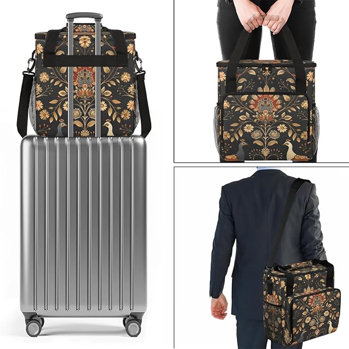 Peacock Floral Coffee Maker Travel Bag for Keurig K-Mini/K-Mini Plus Insulated Waterproof Tote with Pockets for K-Cup Portable Single-Serve Brewer Case