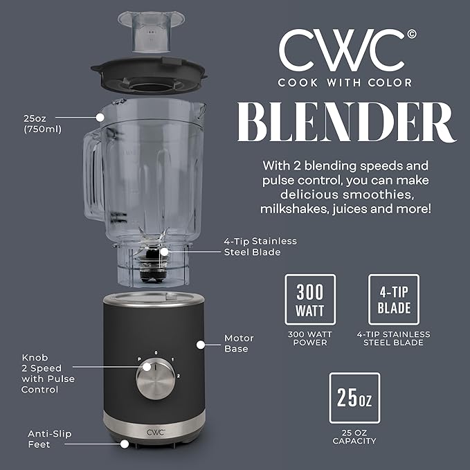COOK WITH COLOR 300 Watt Blender: Powerful 2-Speed Control with Pulse 4-Tip Stainless Steel Blades 25oz (750ml) Jar and Skid-Resistant Feet Black