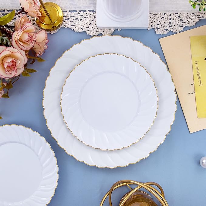 U-QE 100 Pieces Gold Plastic Plates - Premium White Plastic Plates for Party Wedding and Daily Use Including 50PCS 9 '' Plastic Dinner Plates &amp 50PCS 6.5 '' Plastic Dessert Plates