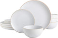 Gibson Home Rockaway 12-Piece Round Stoneware Dinnerware Set Service for 4 – White Plates and Bowls Modern Matte Finish Microwave &amp Dishwasher Safe