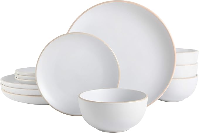 Gibson Home Rockaway 12-Piece Round Stoneware Dinnerware Set Service for 4 – White Plates and Bowls Modern Matte Finish Microwave &amp Dishwasher Safe