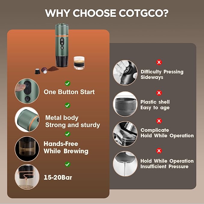 Portable Espresso Maker 20 Bar Self‑Heating &amp Auto-off | 13500 mAh Battery Brews 8 Shots | 12 V Mini Espresso Machine Compatible with Nespresso Original Pods | Car/Travel/Camping