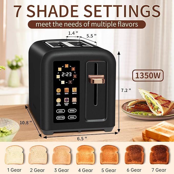 SEEDEEM Toaster 2 Slice Touch Control Stainless Toaster LCD Display 50% Faster Heating Speed 1.4'' Wide Slots More Timer Functions Removable Crumb Tray 1350W Dark Chocolate