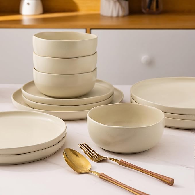 AmorArc Ceramic Dinnerware Sets Wavy Rim Stoneware Plates and Bowls SetsDishwasher &amp Microwave &amp Oven Safe Dishes set Service for 4 (12pc)