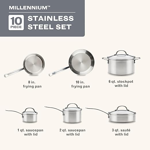 Farberware Millennium Stainless Steel Pots and Pans with Lids Induction Ready Compatible with All Cooktops Metal Utensil Safe 10 Piece Cookware Set Dishwasher Safe - Stainless Steel