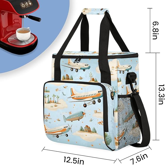 Cute Aircraft Coffee Maker Carring Bag Large Insulated Storage Organizer Case Tote Bags with Shoulder Strap for Travel Work Picnic