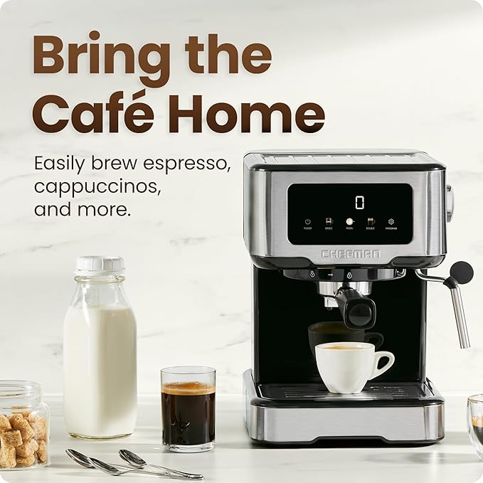 Chefman CraftBrew Espresso Machine 15-Bar Pump Digital Espresso Maker w/Steam Wand for Latte &amp Cappuccino Compact Espresso Coffee Machine w/ 1.5L Removable Water Reservoir - Stainless Steel