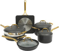 Frok 10 Piece Pots and Pans 4MM Thick Quick Heat Aluminum Cookware Set w/Premium PFA Free Ceramic Nonstick Interior Heat Resistant Exterior - Induction - Black &amp Gold