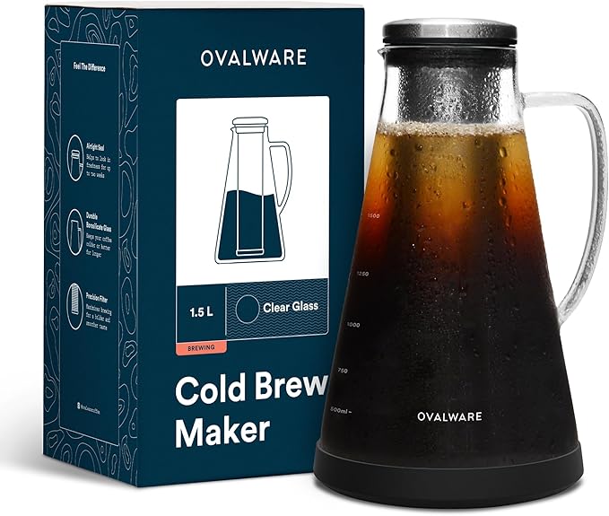 OVALWARE Airtight Cold Brew Iced Coffee Maker Pitcher (&amp Iced Tea Maker) with Spout – 1.5L/ 51oz Brewing Glass Carafe with Removable Stainless Steel Filter